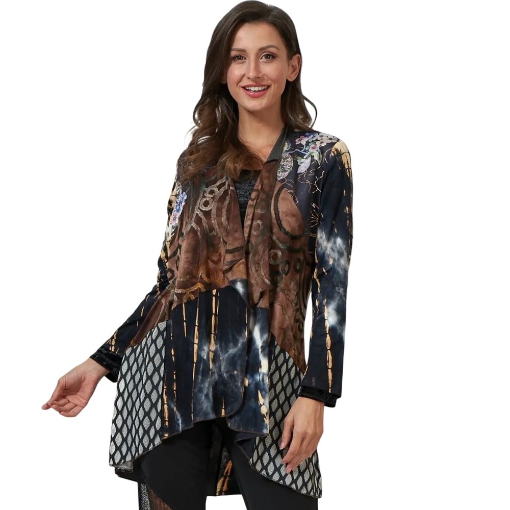 Ali Miles Womens 3X Open-front Mixed-Media Patchwork Art-to-Wear Boho Cardigan